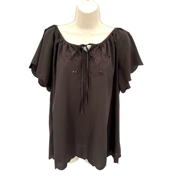 Mossimo Womens Brown Embroidered Scalloped Edges Short Sleeve Peasant Blouse XL - Picture 1 of 8